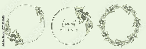 Botanical line illustration set of olive leaves, branch wreath for wedding invitation and cards, logo design, web, social media and posters template. Elegant minimal style floral vector isolated. 