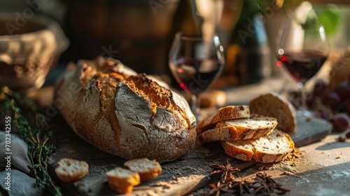 freshly baked bread with wine, close-up shot, rustic vineyard table, wine and bread in harmony, warm morning rays, earthy browns and deep reds.