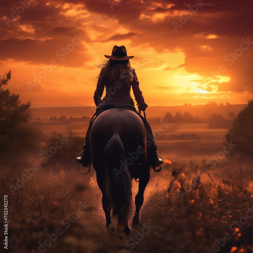 Woman riding a horse at sunset.