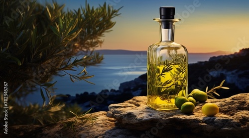 A transparent bottle of olive oil on the background of the sea