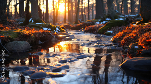  Golden Sunset over Spring Stream With Budding Trees Along the Banks with melting snow, Forest Creek