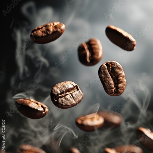 Flying coffee beans smog background