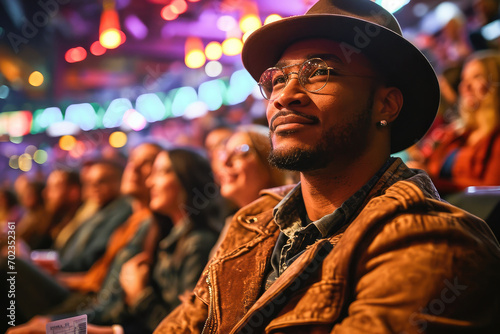 A stylish man in a hat smiling and enjoying a live concert among an audience under colorful event lights.