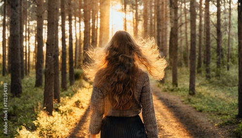 mulher jovem bonita em um caminho na floresta com cabelos ao vento