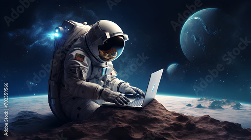 Astronaut in space works on a laptop, Neural network concept