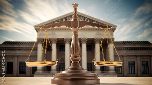 Fairness scales of justice with court house building background banner, business financial protection by law concept
