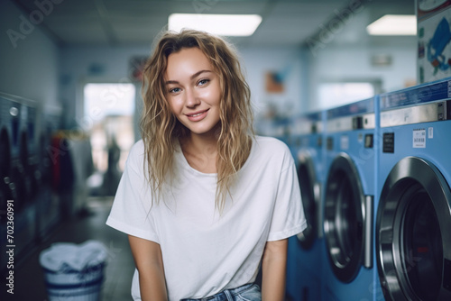 Young woman enjoying clean ironed clothes in the self serviced laundry with dryer machines on the background