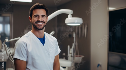 Smiling male dentist in dental office, portrait of self-assured young dental practitioner in his office.