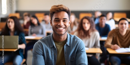 Ecstatic university student smiling at camera during class.