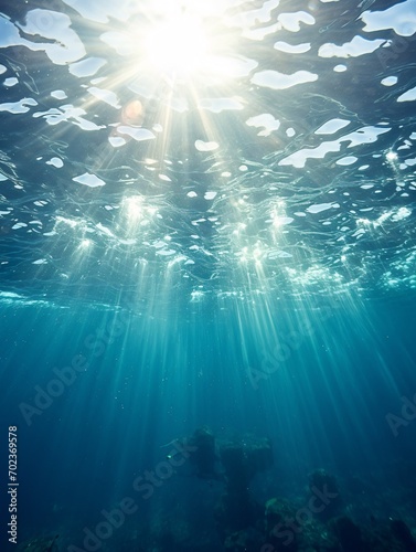 Submerged sunlight with bubbles ascending to ocean's top in Mediterranean Sea France.