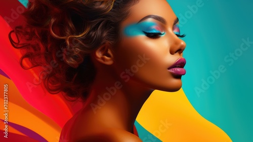 High fashion model woman in colorful bright lights posing in studio, Portrait of beautiful sexy girl with trendy make-up on colorful background.