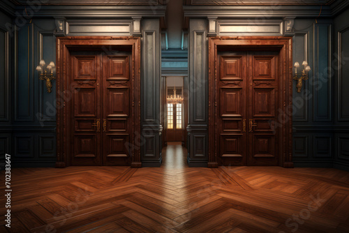 A surreal scene of a door leading to another door, forming a paradoxical loop that questions the traditional notions of entrance and exit. Generative Ai.