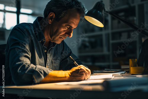 focused man in his 60s writing on paper under a desk lamp, in a dark room, possibly an office at night