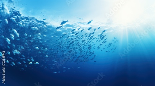 underwater marine ecosystem A school of large fish on a blue background.