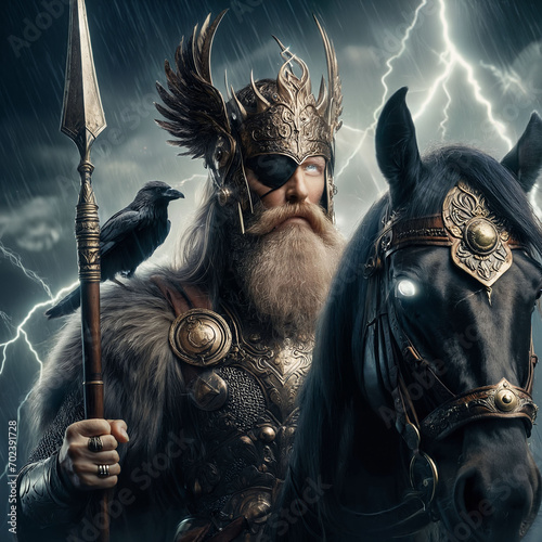 The great Nordic one-eyed god Odin with his ravens Hugin & Munin. God of wisdom, healing, death, battle and knowledge. Ancient Norse mythology. Scandinavian. Germanic paganism. Spear. Generative AI