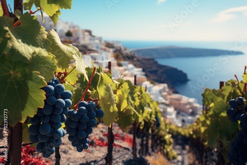 Vineyard Vista: Amidst Santorini's Stunning Seascape, Vines Laden with Grapes Soak in the Warmth of the Sun, Crafting Wines with the Essence of this Idyllic Island.