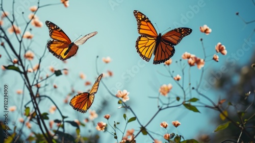 Monarch butterflies fluttering among delicate blooms under a clear blue sky, a dance of nature