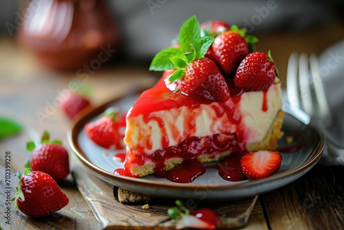 A delectable slice of creamy cheesecake adorned with fresh, juicy strawberries, creating a burst of sweetness and flavor on a plate of pure culinary art in an indoor setting