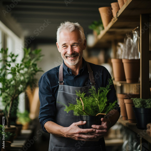 man holding potted plant.