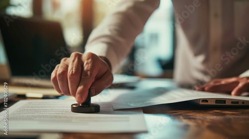 Close-up of a man's hand holding a rubber stamp, poised to stamp a document on a desk