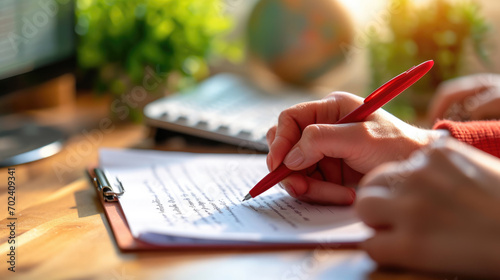 Person's hand is shown writing corrections on a printed document with a red pen, with a keyboard and a globe in the blurred background