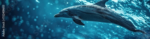 Beautiful underwater scene with dolphin, wide panoramic banner with copy space or web site header.