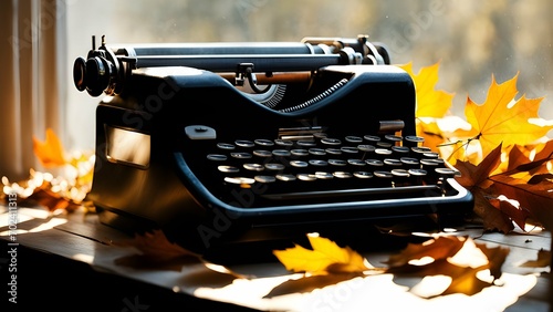 an old, weathered typewriter, keys pressed down in mid-keystroke, set against a sunlit window with falling leaves outside. Capture the precision and poignancy of the moment.