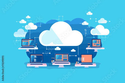 Cloud computing. A digital service or application with data transmission. Network computing technologies. Futuristic Server. Digital space. Data storage. Vector illustration