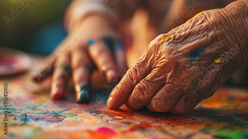 A wrinkled hand gently guiding a child's finger as they paint together, bridging the gap between generations through shared creativity and love.