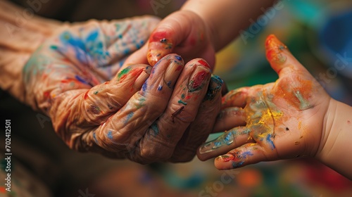 Tiny fingers trace weathered lines on a grandparent's hand, bridging the gap between ages through shared laughter and a colorful paintbrush.