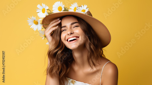 Joyful woman wearing a straw hat adorned with white daisies, laughing and enjoying a sunny day against a yellow background