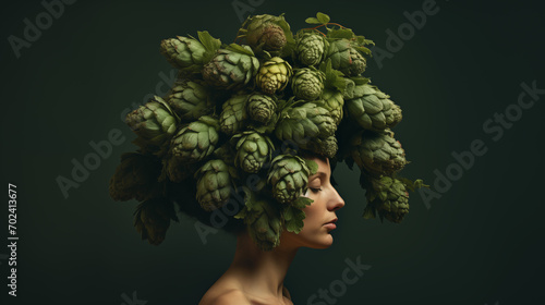 Sinnliches Portrait einer Frau mit Hopfen-Blüten auf dem Kopf. Profil. Illustration mit grünem Hintergrund