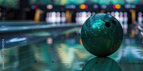 Close-up of a green bowling ball in a bowling alley. Red ball hitting the pins for a strike. Entertainment center, the ball rolling to the pins.