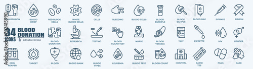 Blood donation, hematology and transfusion minimal thin line web icon set. Outline editable icons collection. Simple vector illustration.