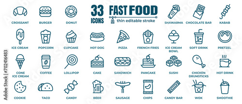 Fast food vector icon line set. Burger sandwich pizza hot dog cola coffee sweets