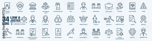 Law and justice minimal thin line web icon set. Outline editable icons collection. Simple vector illustration.