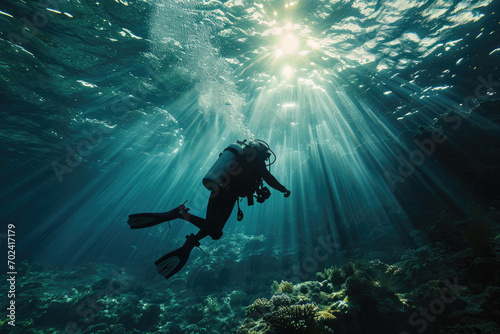 A daring diver explores the colorful depths of the ocean, surrounded by vibrant coral reefs and equipped with essential diving gear, including an oxygen mask and fins, as they glide gracefully throug