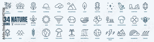 Nature minimal icon set. Outline editable icon of sun,sea,forest and mountain collection. Simple vector illustration.