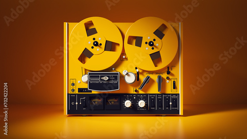 Vintage reel to reel audio analog tape recorder technology equipment yellow orange object 3d illustration render digital rendering
