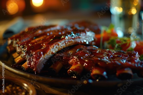 Indulge in the succulent flavors of a juicy teriyaki barbecue rib dish, as the vibrant red sauce drips down the tender meat, creating a mouth-watering indoor dining experience