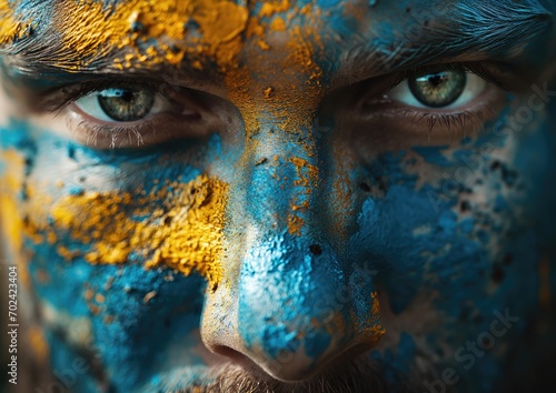 A photo-realistic self-portrait with the Swedish flag painted on the artist's face using body paint.