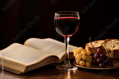 Evoking solemnity and tradition, a traditional Communion setup features a scored round loaf and a wine goblet on an altar cloth with Christian symbols