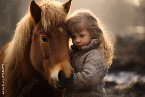 Little cute girl tenderly hugs a chestnut pony