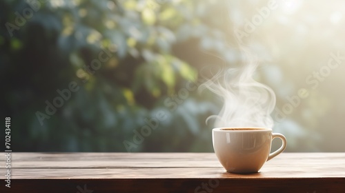 Morning bliss steaming cup of freshly brewed coffee on table with blurred background and copy space