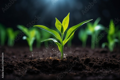 Corn seedlings are growing from fertile soil