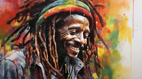 portrait of someone wearing a rastafarian hat, dreadlocks, vibrant colors and energy of reggae music