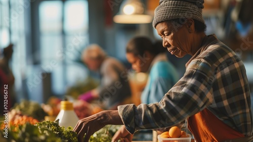 Senior woman preparing vegetables in a community kitchen