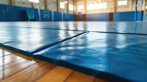 Blue tatami mats on the floor of a sports gym