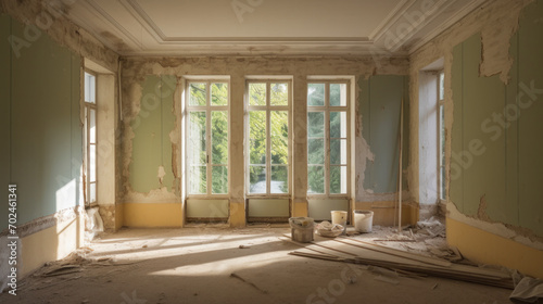 Abandoned room undergoing renovation, light streaming through windows, highlighting peeling walls and debris