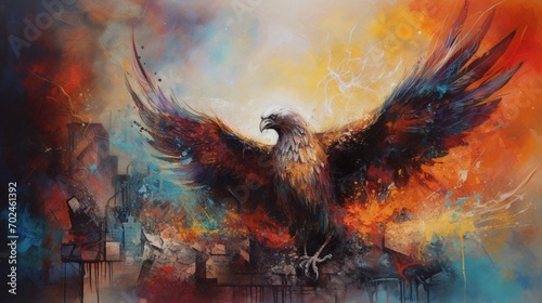 abstract watercolor background with painting, Picture a mythical tableau of a phoenix, embodied as an eagle with wings ablaze in vibrant flames, rising from the ashes against a dark